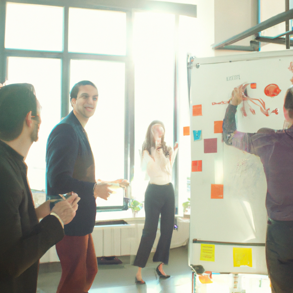 Команда на брейншторме у стеклянной стены с стикерами