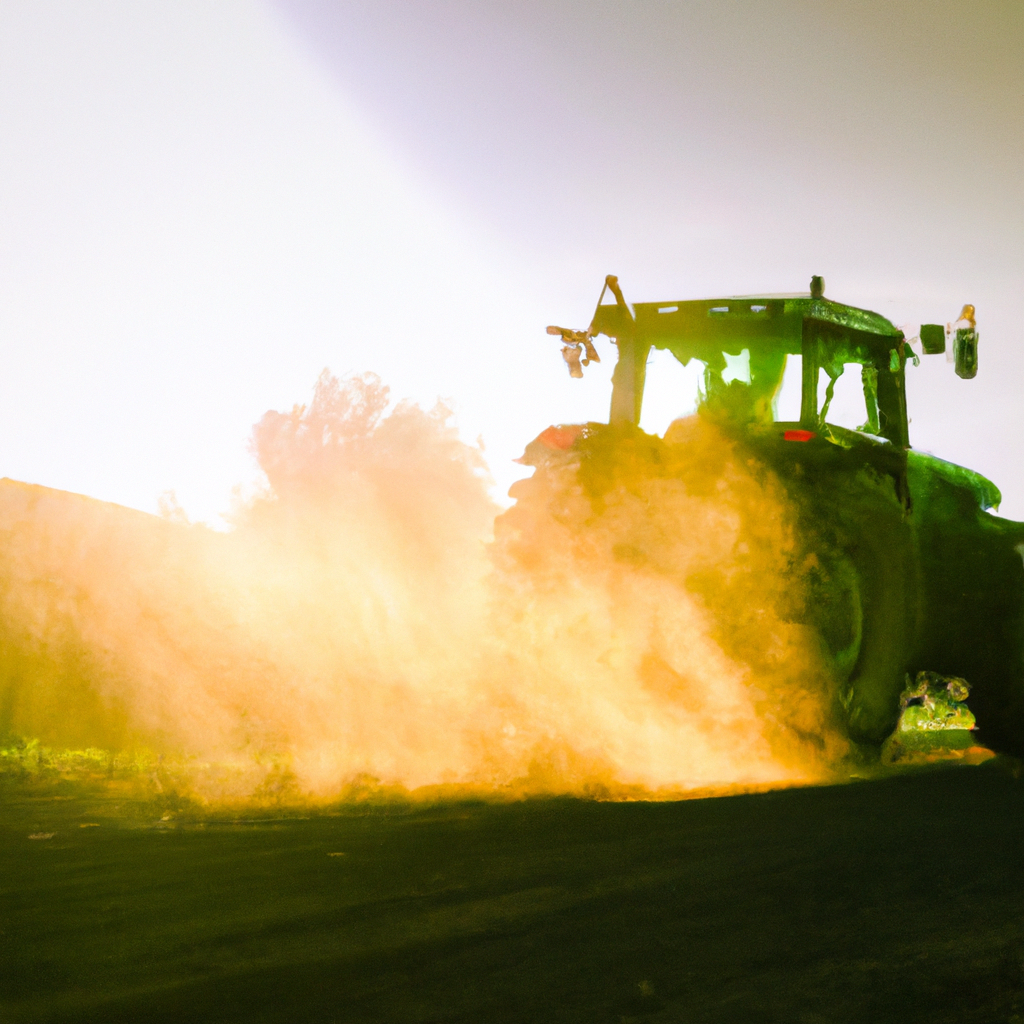 Зеленый трактор на поле, пыль в свете солнца