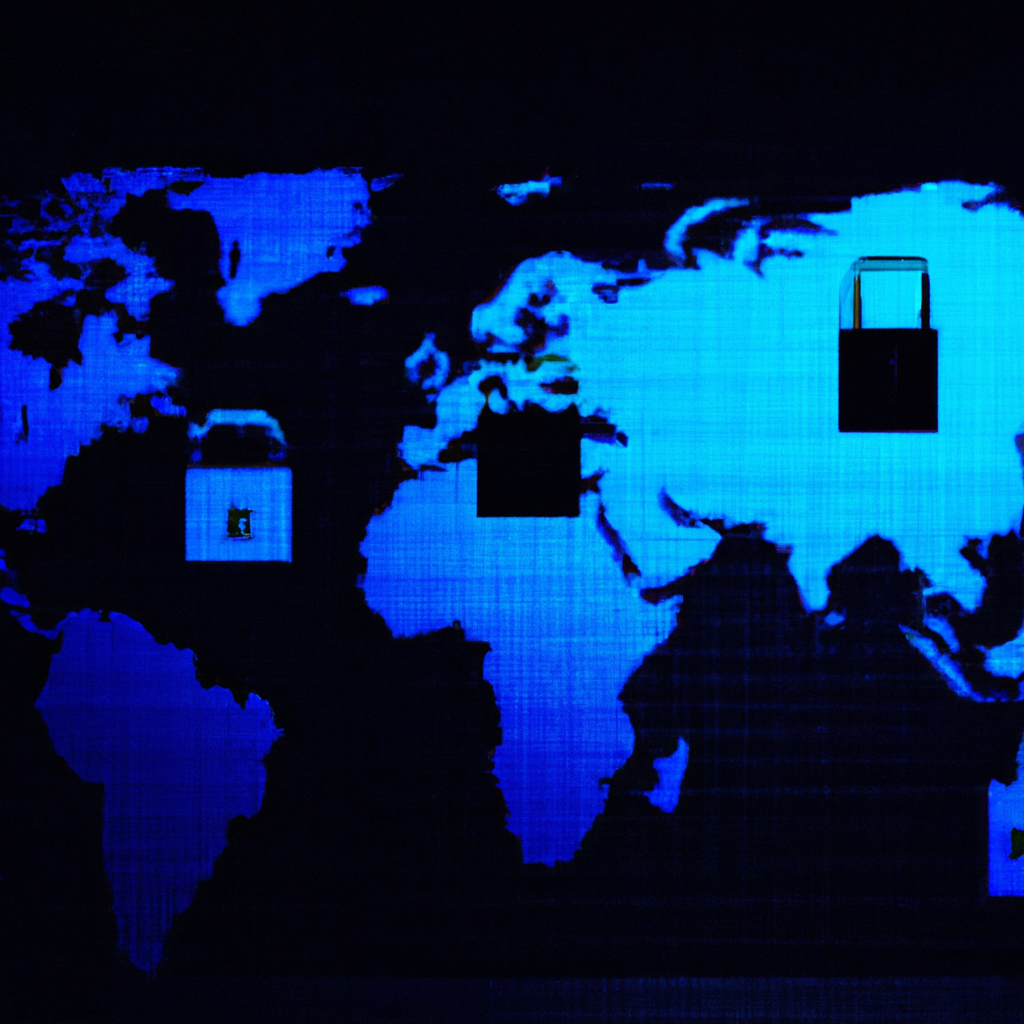 Минималистичная карта мира с сеткой и иконками замков, отображающая международную защиту данных